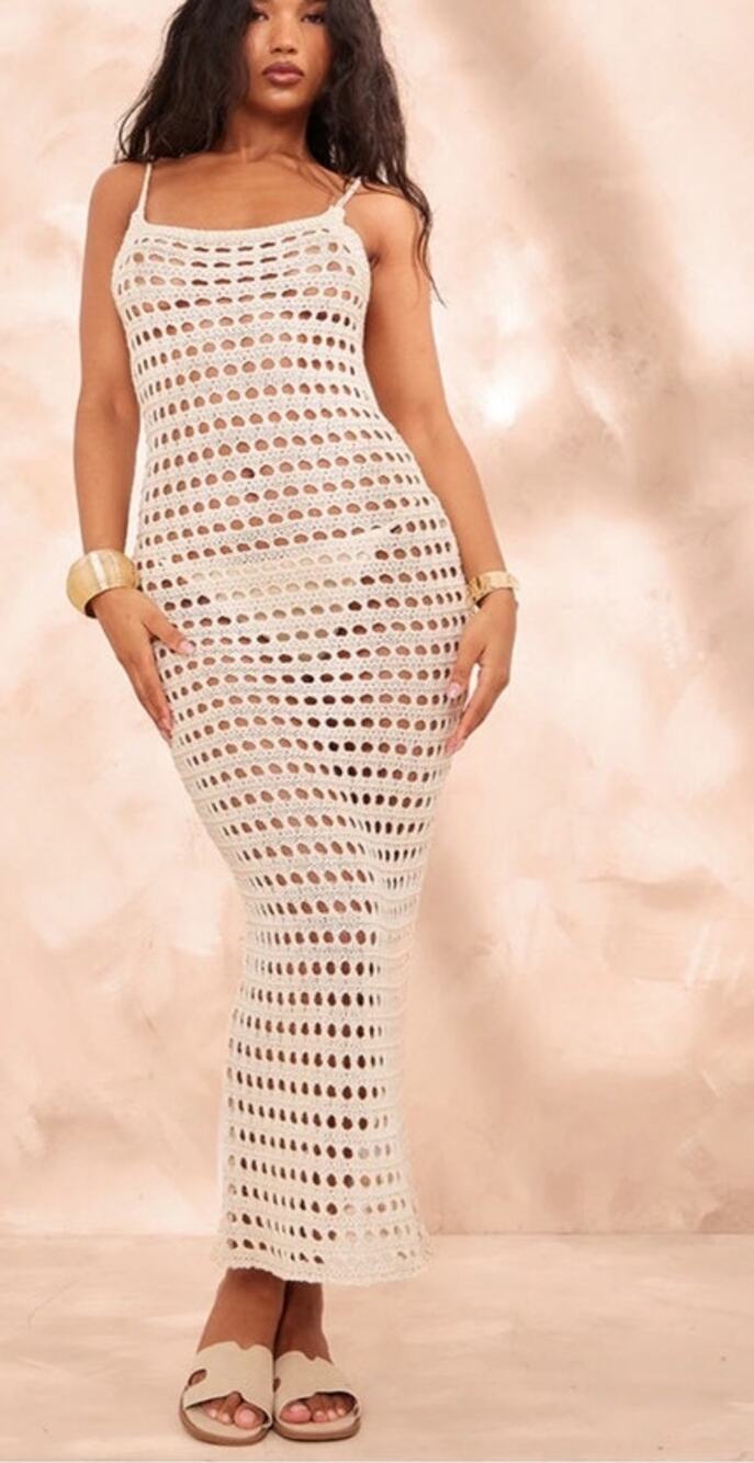 PrettyLittleThing Stone Crochet Maxi Dress 10